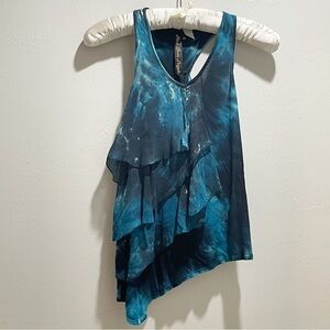 BLACK HEARTS BRIGADE Women’s Black Blue Tie Dye Ruffle Asymetrical Tank Size XS